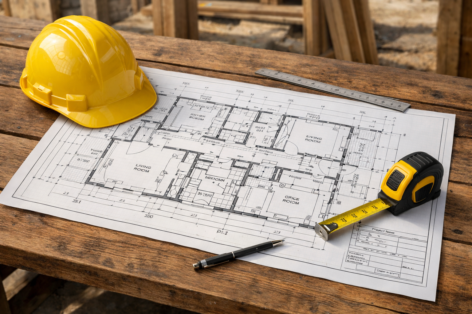 Blueprint on a wooden table